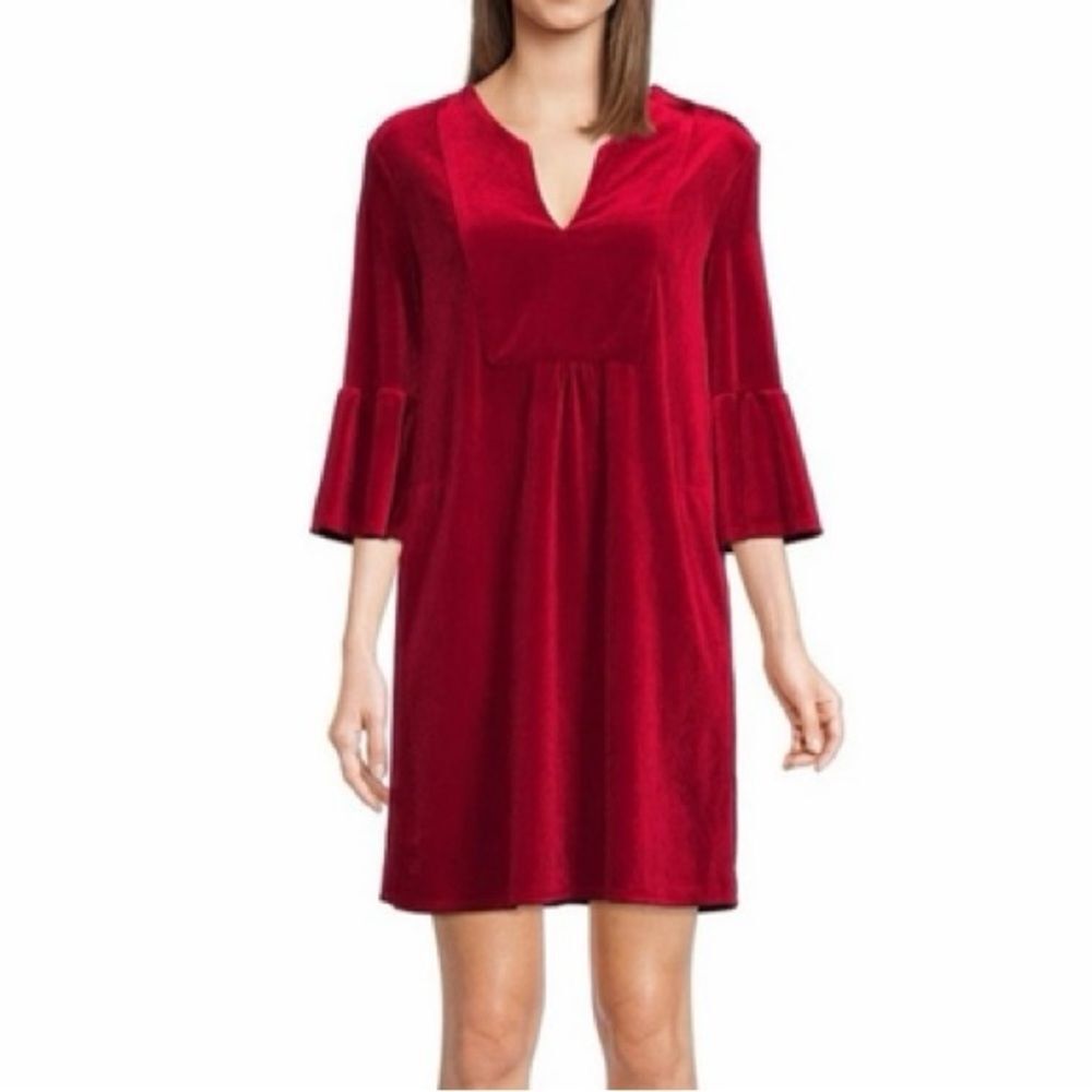 Jude Connally Kerry Velvet V Neck Bell Sleeve Shift Mini Dress In Red Size XL